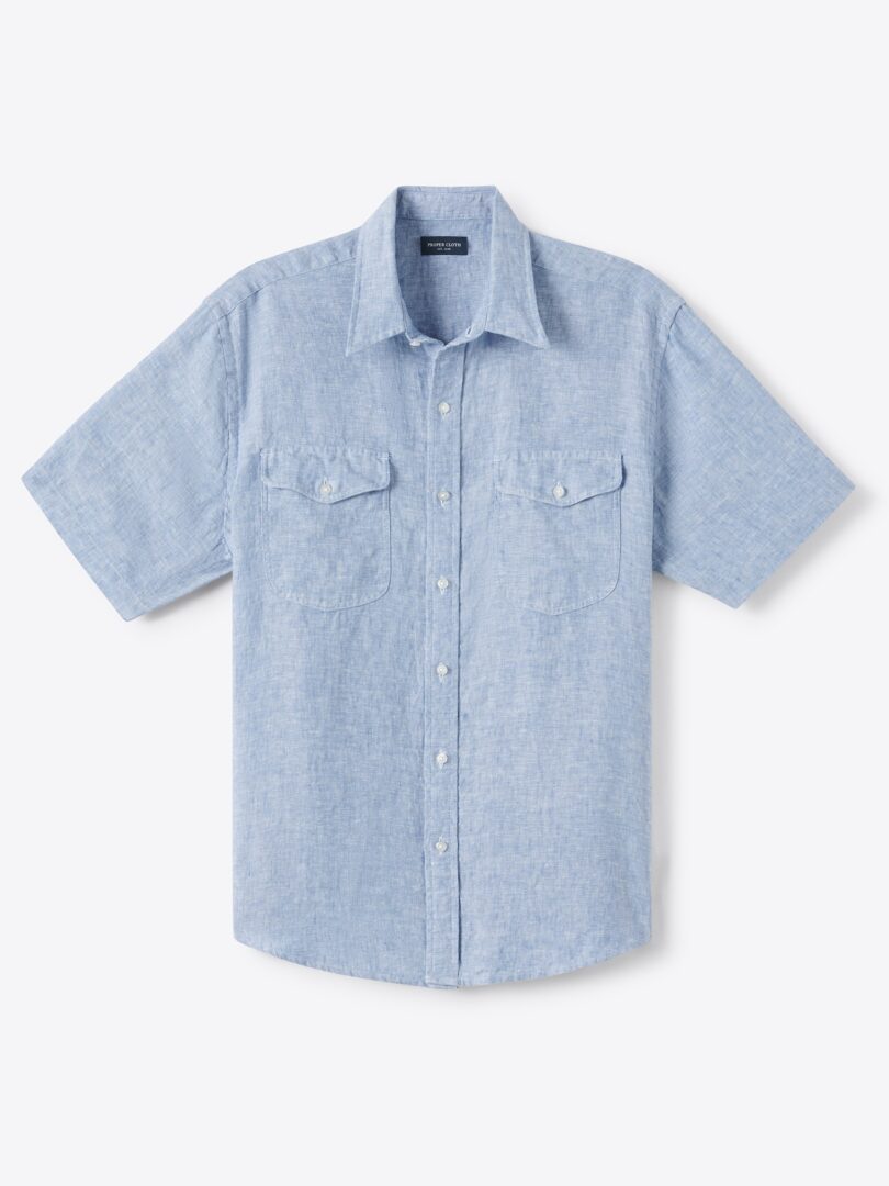 Men’s Blue Chambray Washed Linen Teardrop Short Sleeve Thumb
