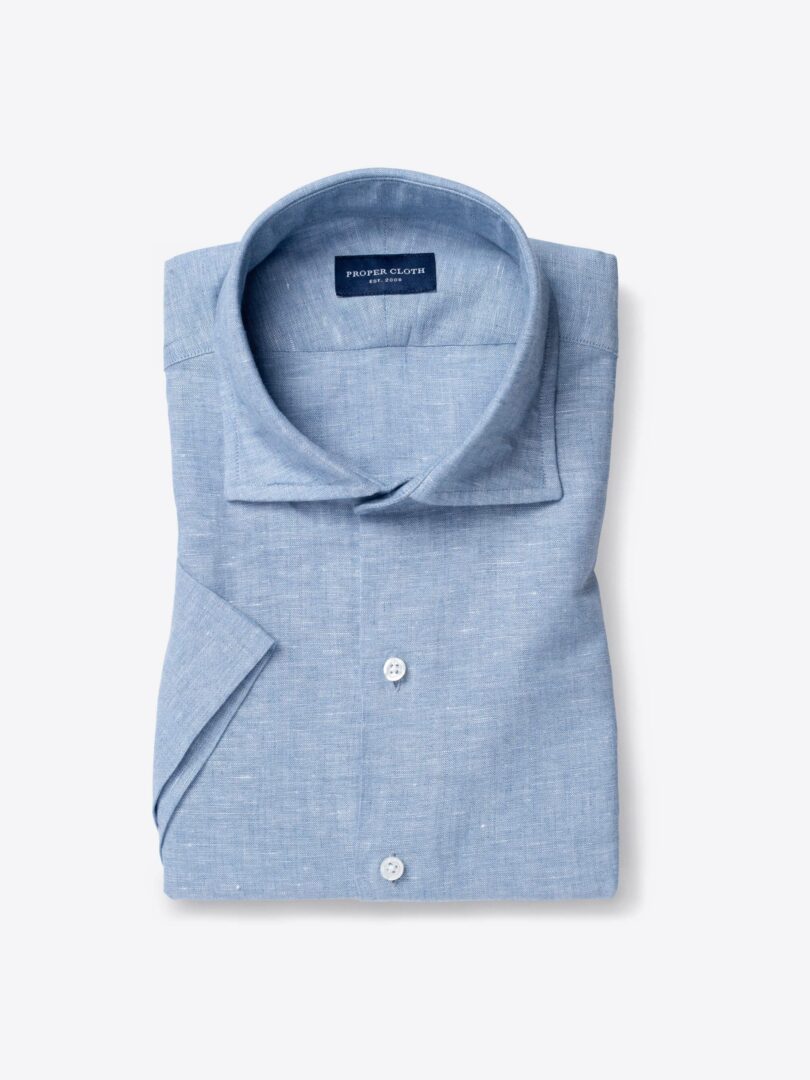 Blue Melange Cotton Linen Blend Short Sleeve Shirt