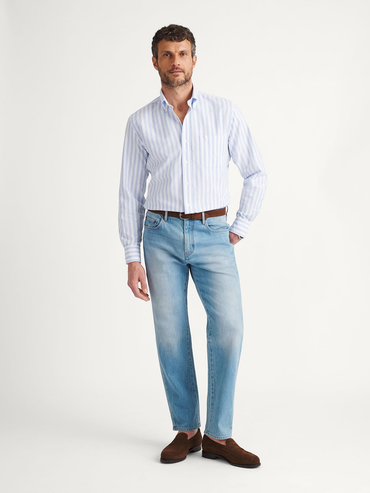 The Lightweight Oxford Cloth Button Down in Light Blue Wide Stripe