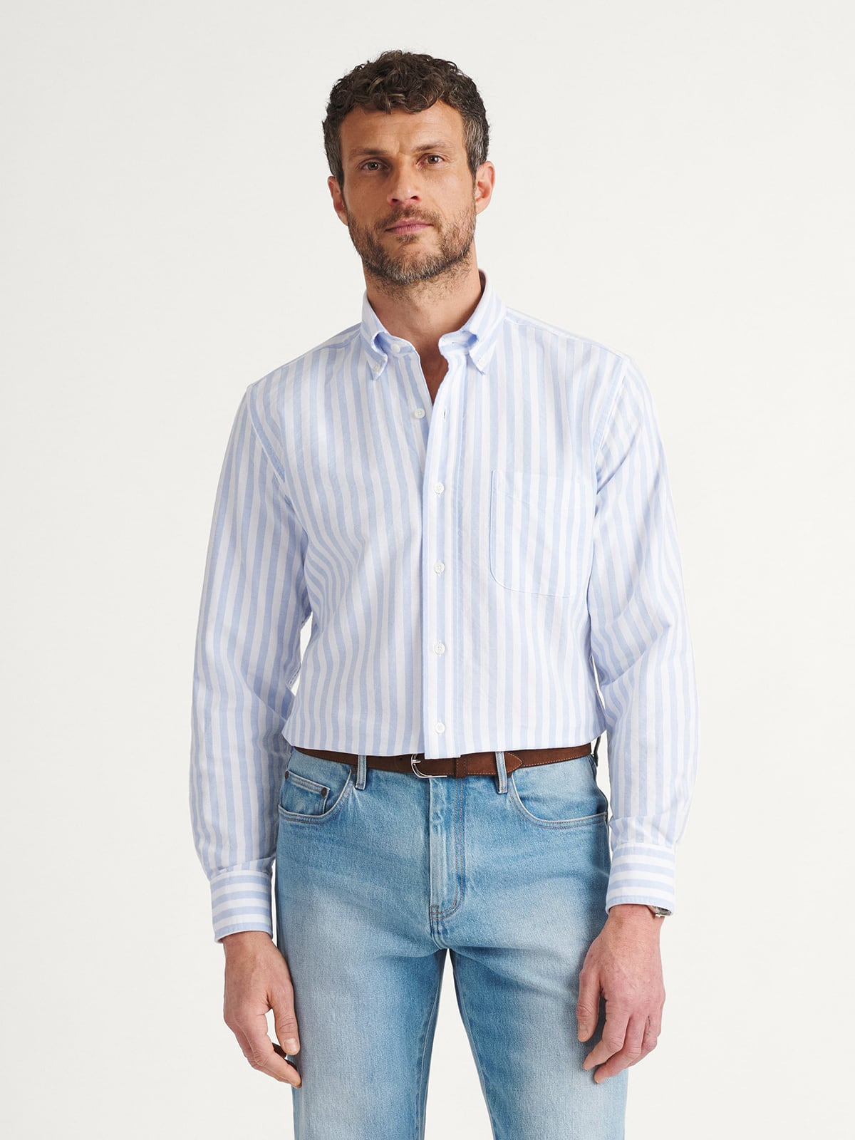 The Lightweight Oxford Cloth Button Down in Light Blue Wide Stripe