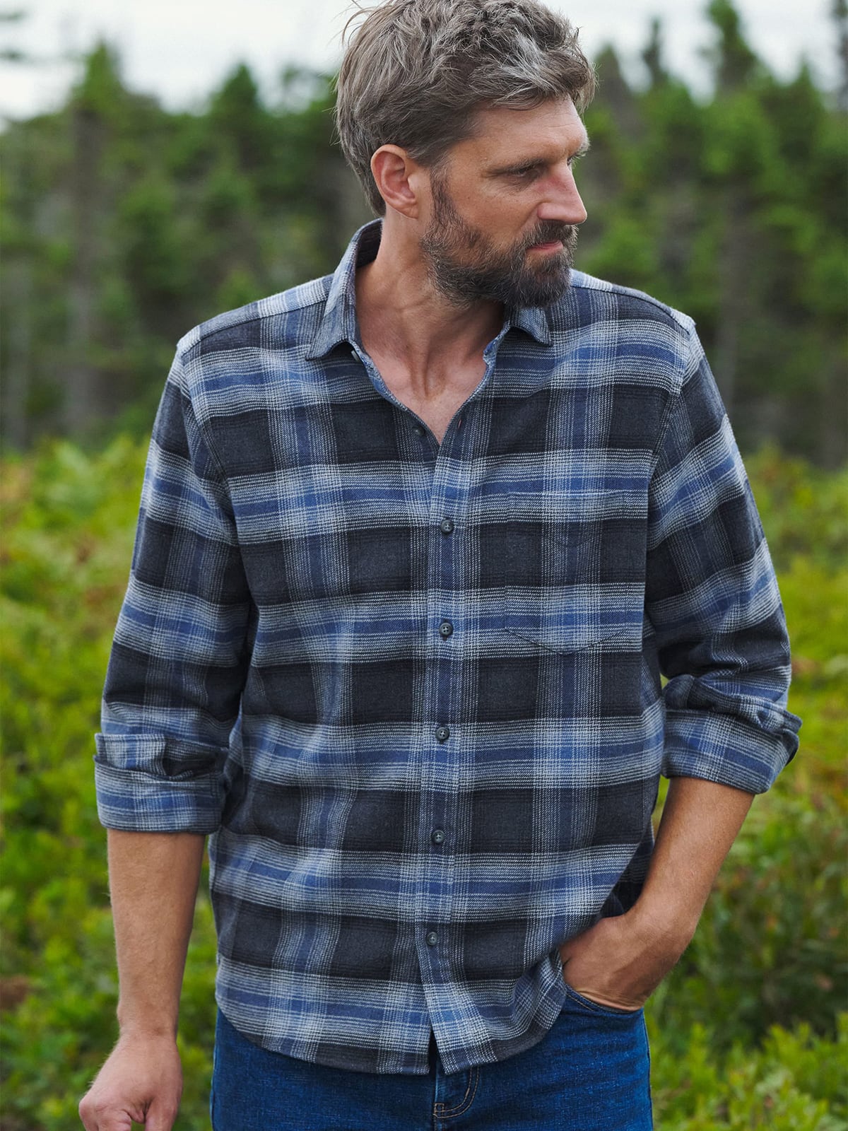 The Teton Flannel Shirt in Charcoal and Slate Plaid