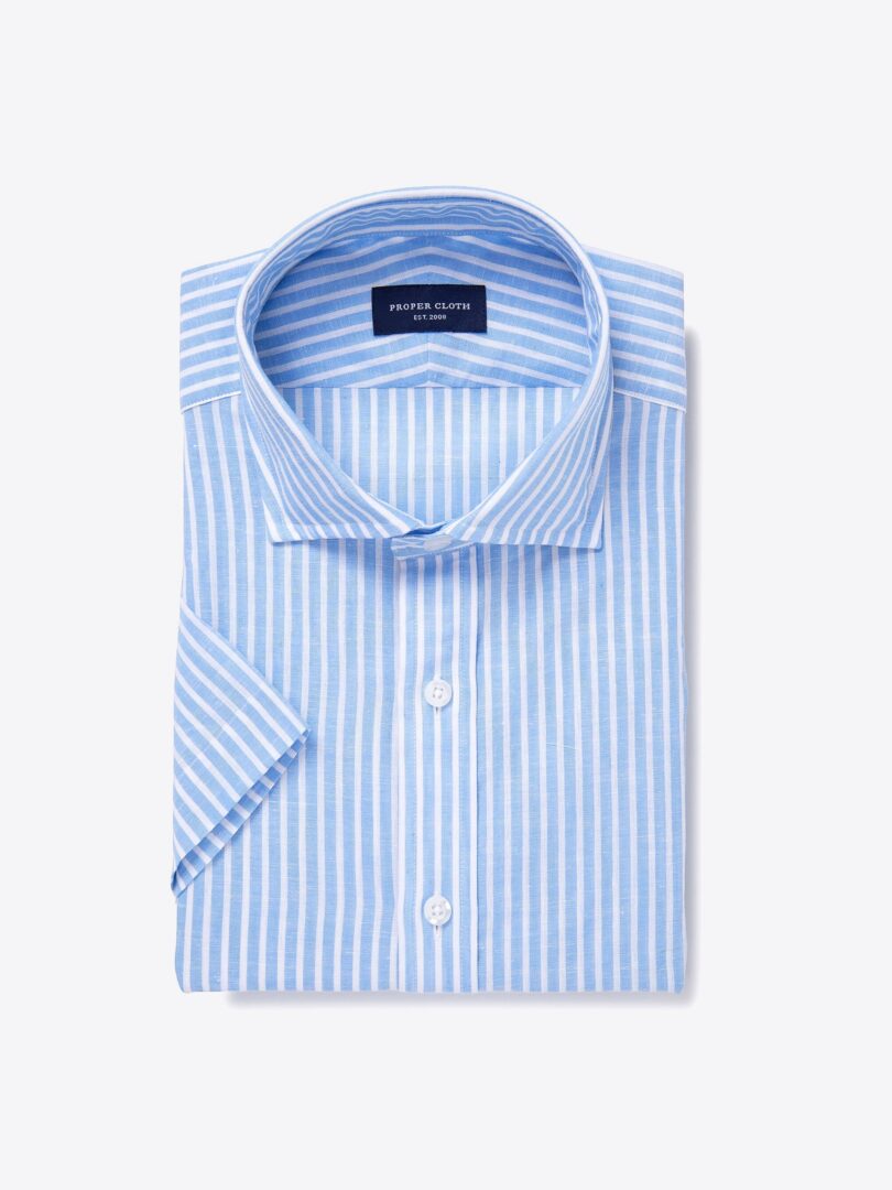 Light Blue Cotton Linen Stripe Custom Dress Shirt 