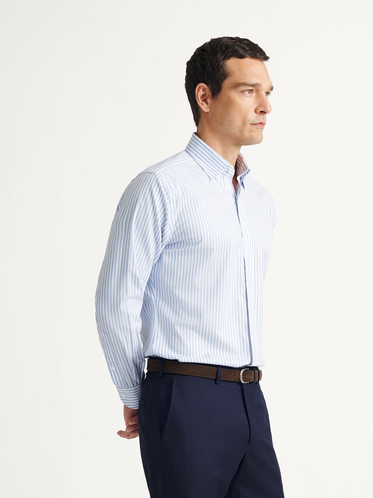 Proper Cloth Men's Non-Iron Stretch Light Blue Bengal Stripe Hidden Button Down Collar Custom Dress Shirt - Blue, Size: 14, Regular, Cotton