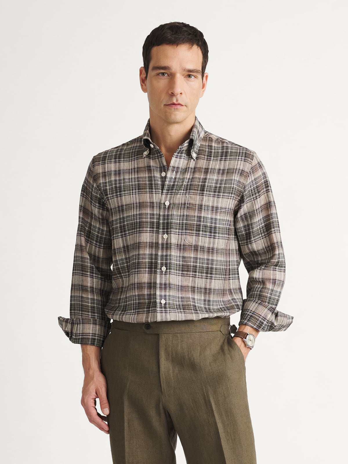 The Italian Linen Madras Button Down in Cocoa and Ivory