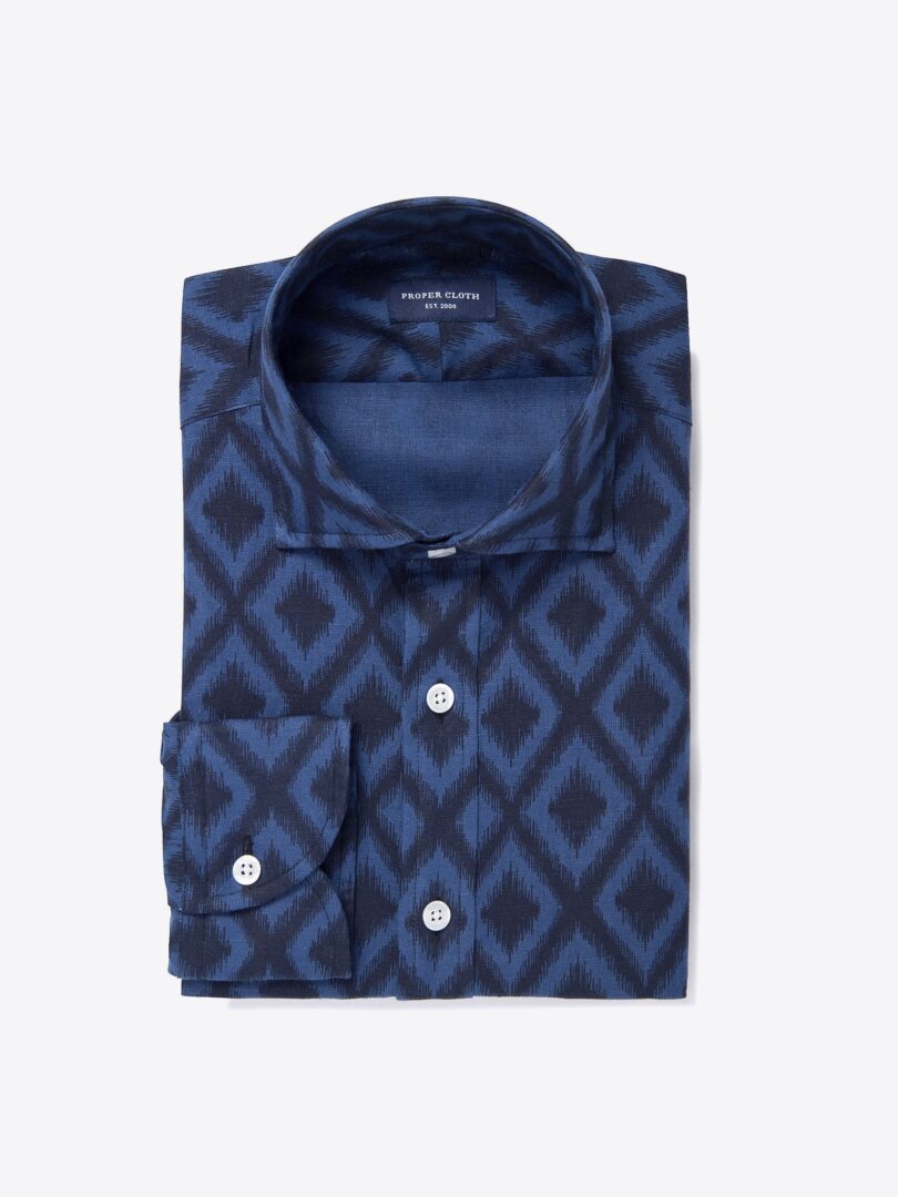 Navy Cotton Linen Ikat Print Fitted Dress Shirt 