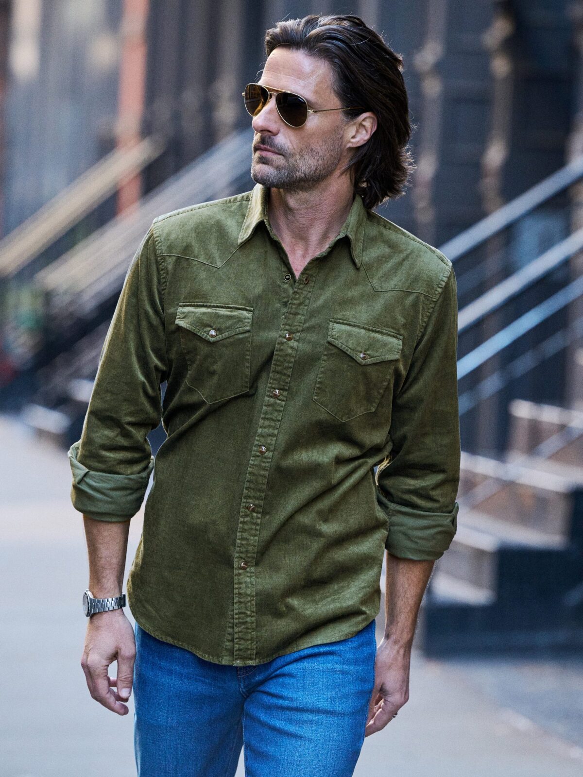 Faded Olive Cotton Lyocell Stretch Corduroy Shirt by Proper Cloth