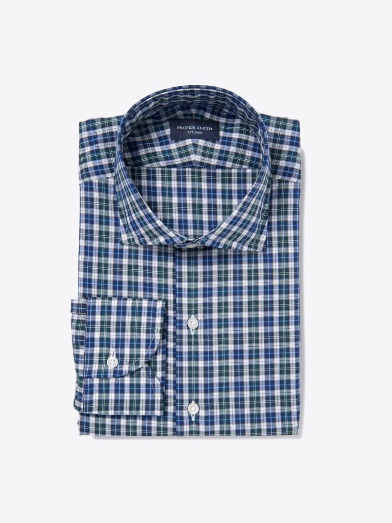Albiate Pine and Navy Small Plaid Fitted Dress Shirt 