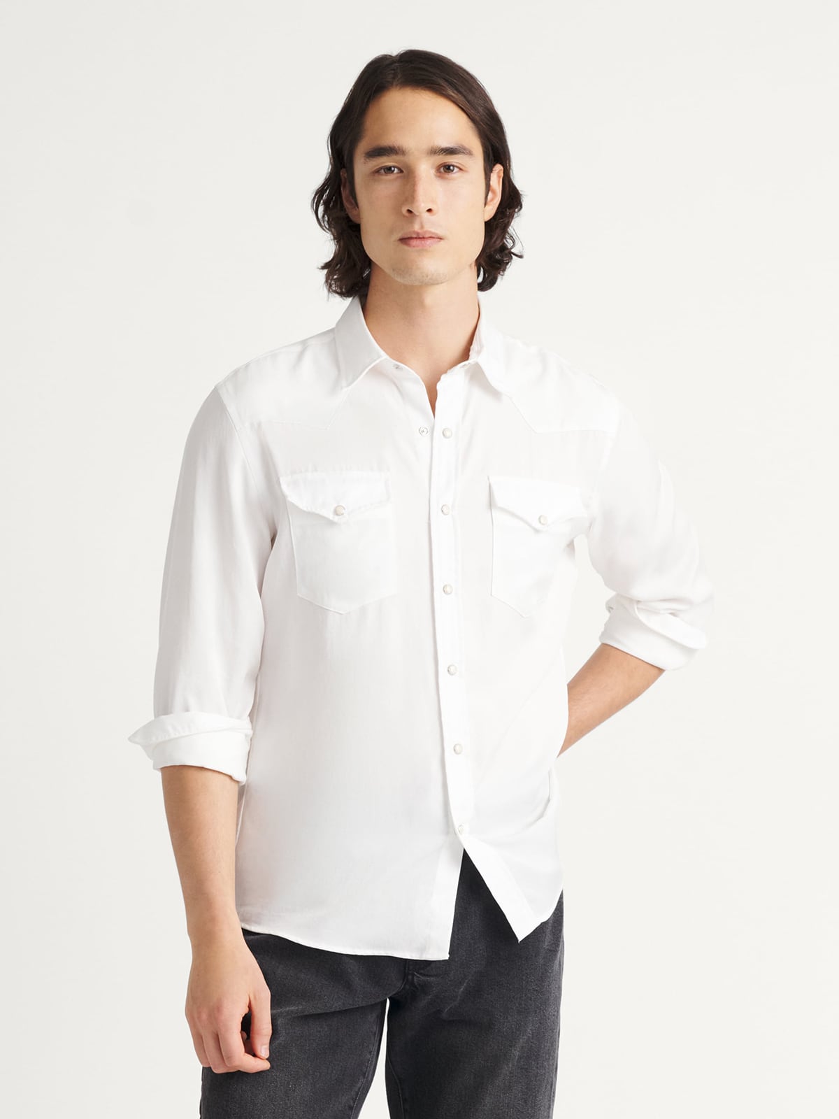 white western dress shirt Stetson Men's White Solid Logo Long Sleeve Western Shirt