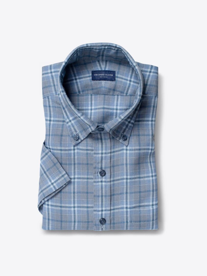 Portuguese Washed Slate and Light Blue Plaid Linen Short Sleeve Shirt