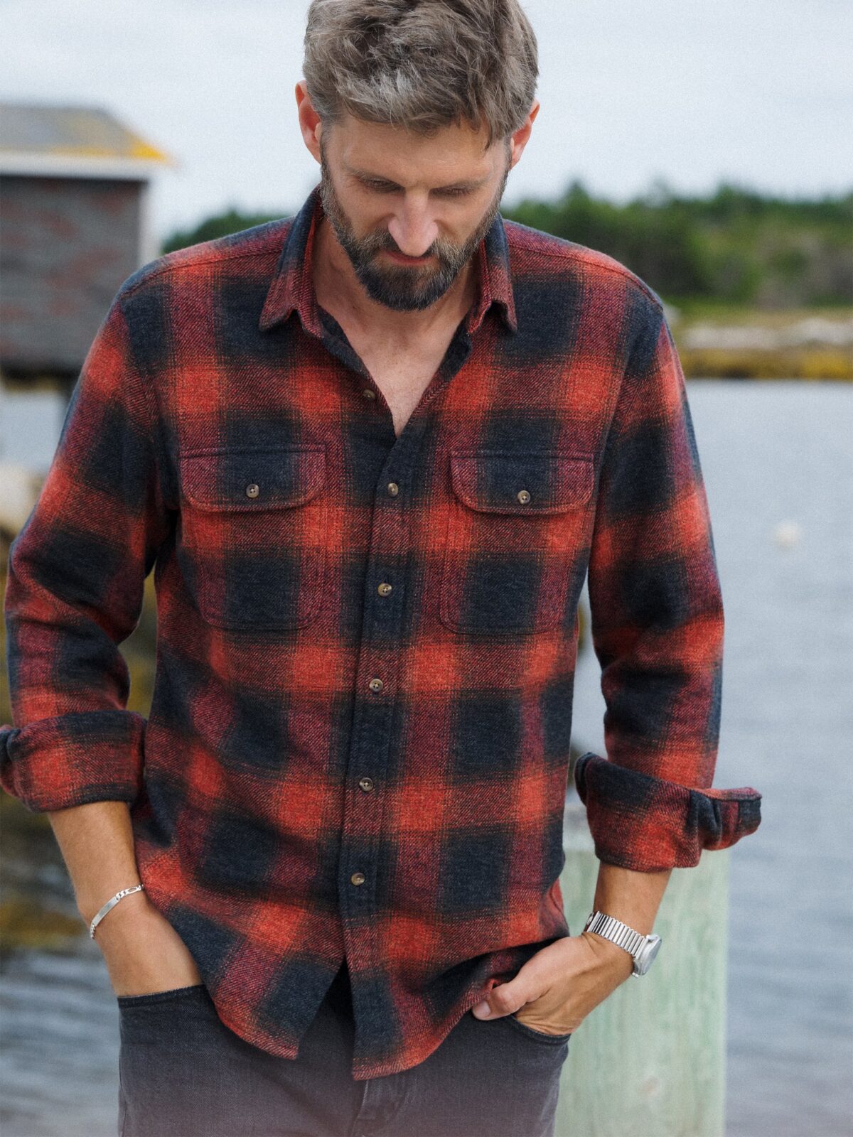 The Japanese Low Twist Shirt in Black and Red Ombre Plaid