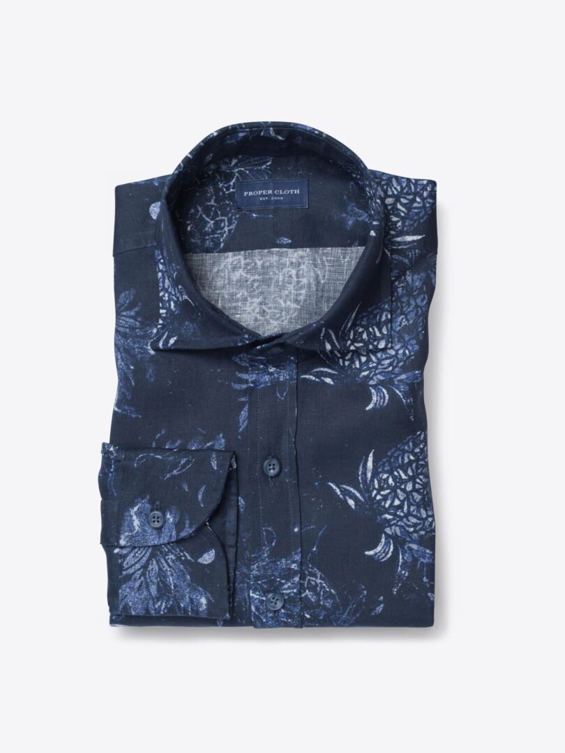 Albini Navy Pineapple Print Linen 