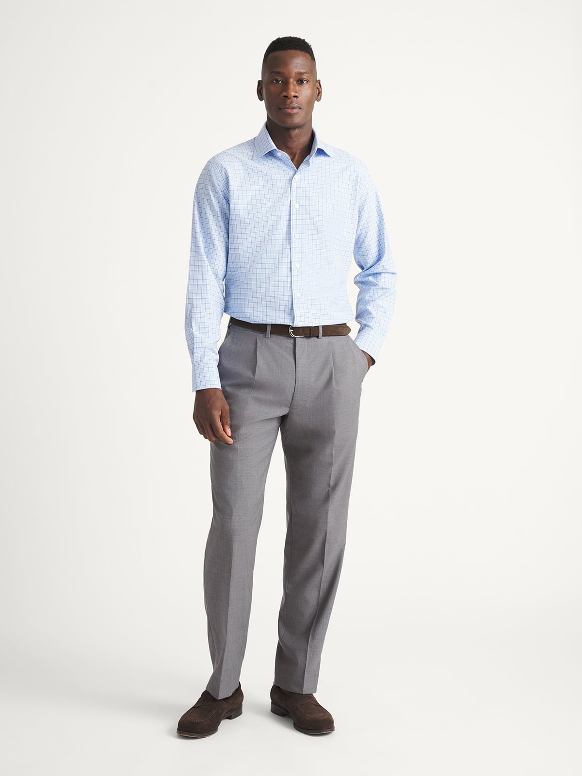 The Thomas Mason Non-Iron Shirt in Light Blue and Navy Multi Check