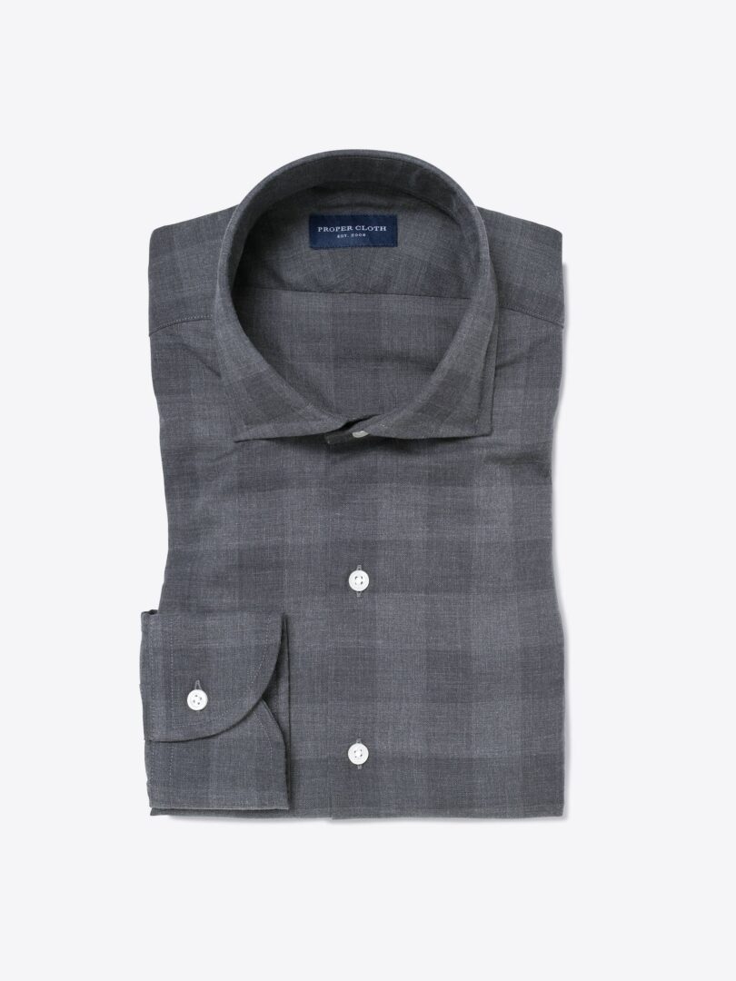 Albini Charcoal Gingham Featherweight Flannel Fitted Dress Shirt 