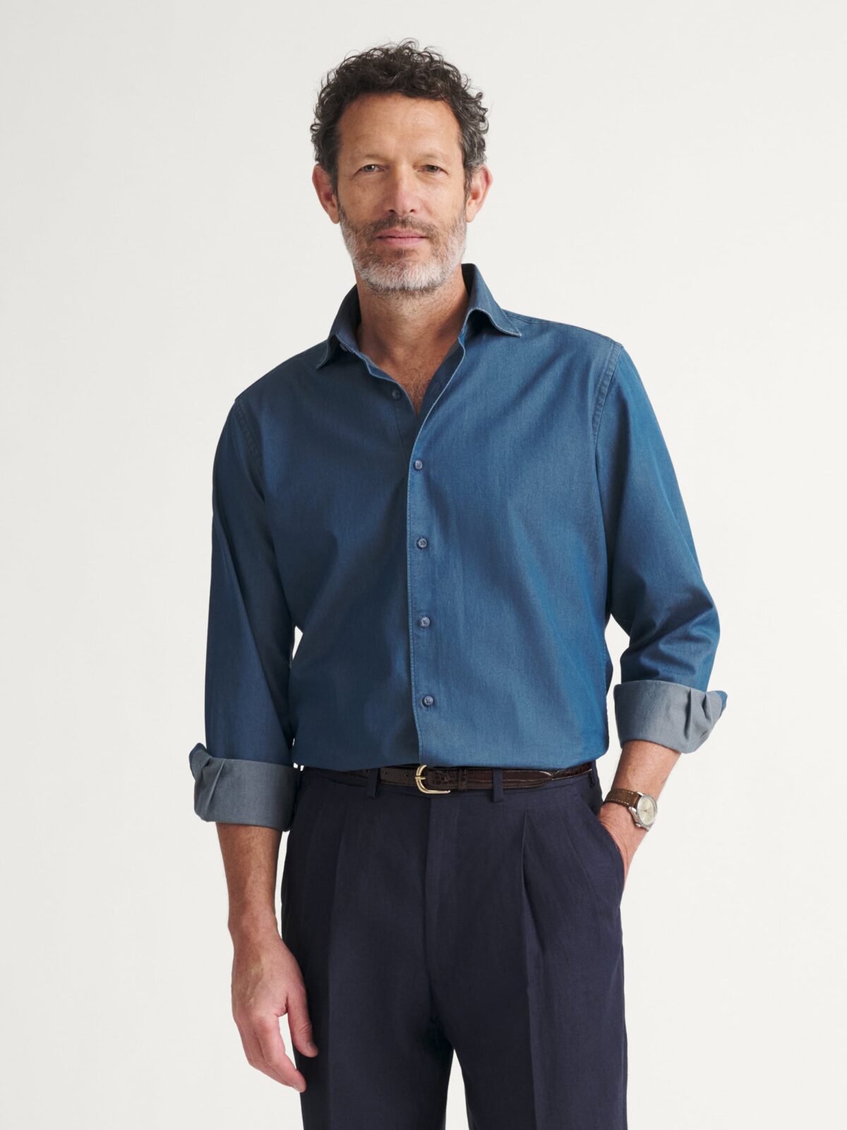 dark denim dress shirt Proper Cloth Men's Albiate Washed Dark Slate Blue Denim Custom Dress Shirt
