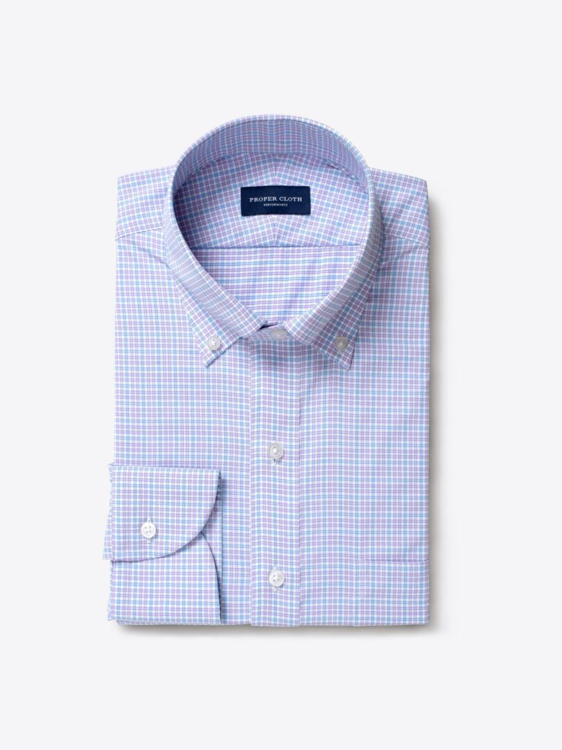 Performance Lavender and Light Blue Multi Check Fitted Dress Shirt 