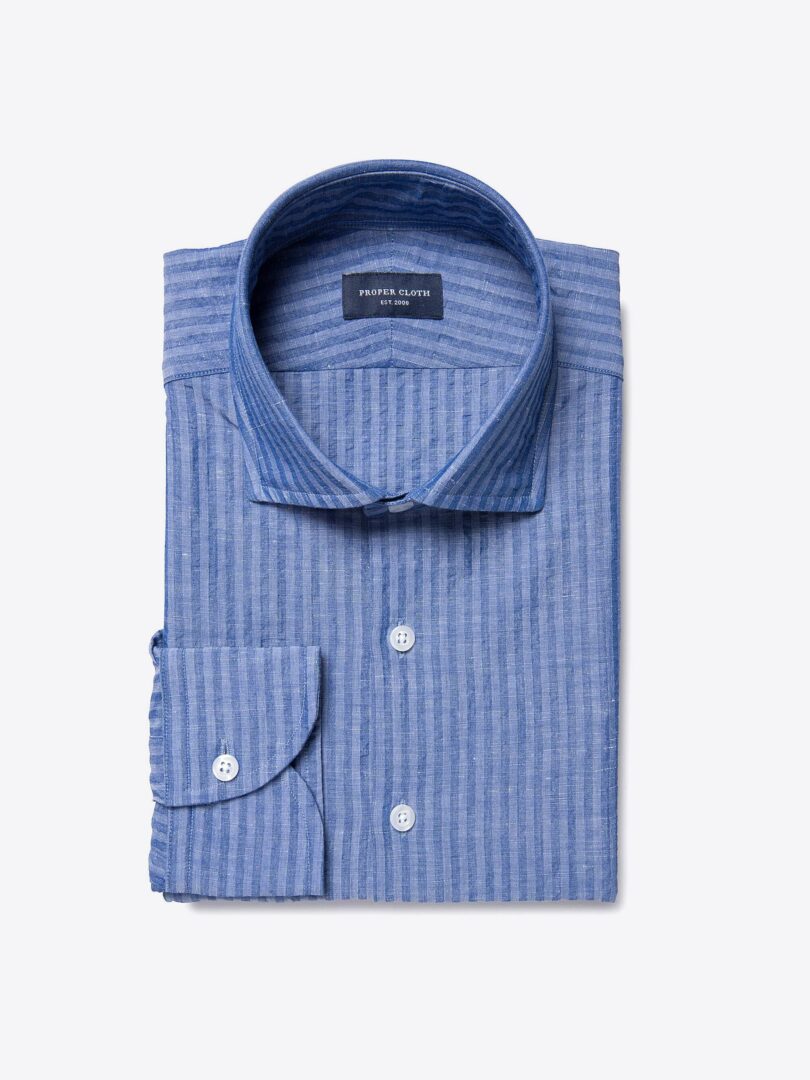 Albini Blue Cotton Linen Seersucker Men's Dress Shirt 