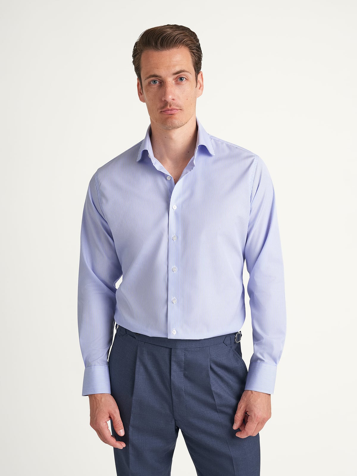 The Thomas Mason Non-Iron Shirt in Blue Fine Bengal Stripe