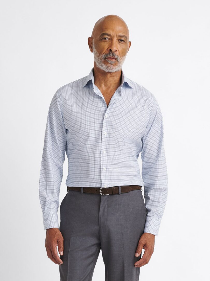 Non-Iron Stretch Blue and Navy Tattersall Thumb Detail