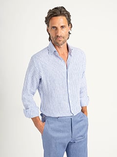 Proper Cloth Men's Baird McNutt Blue Irish Linen Stripe Dress Shirt - Blue, Size: 21, Big, Tall, 100% Linen Proper Cloth Men's Baird McNutt Blue Irish Linen Stripe Dress Shirt - Blue, Size: 21, Big, Tall, 100% Linen