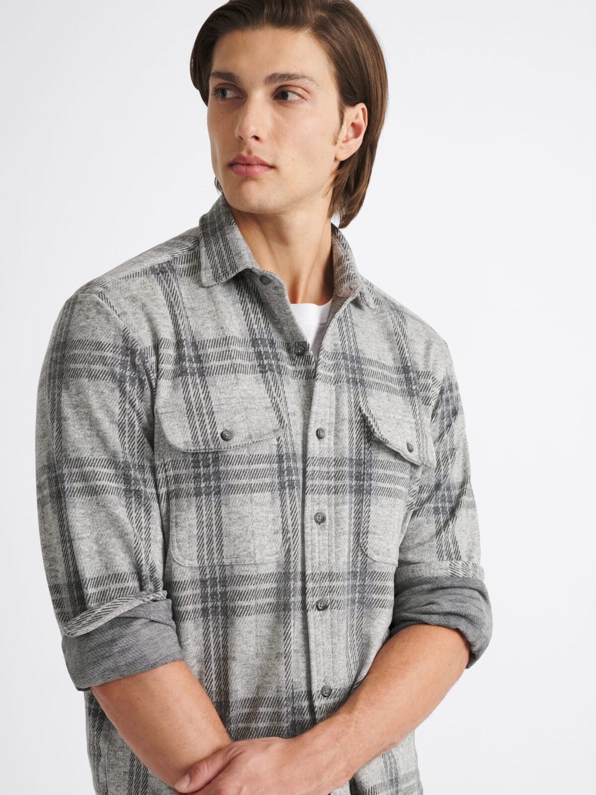 The Flannel Sweater Shirt in Grey Melange Plaid