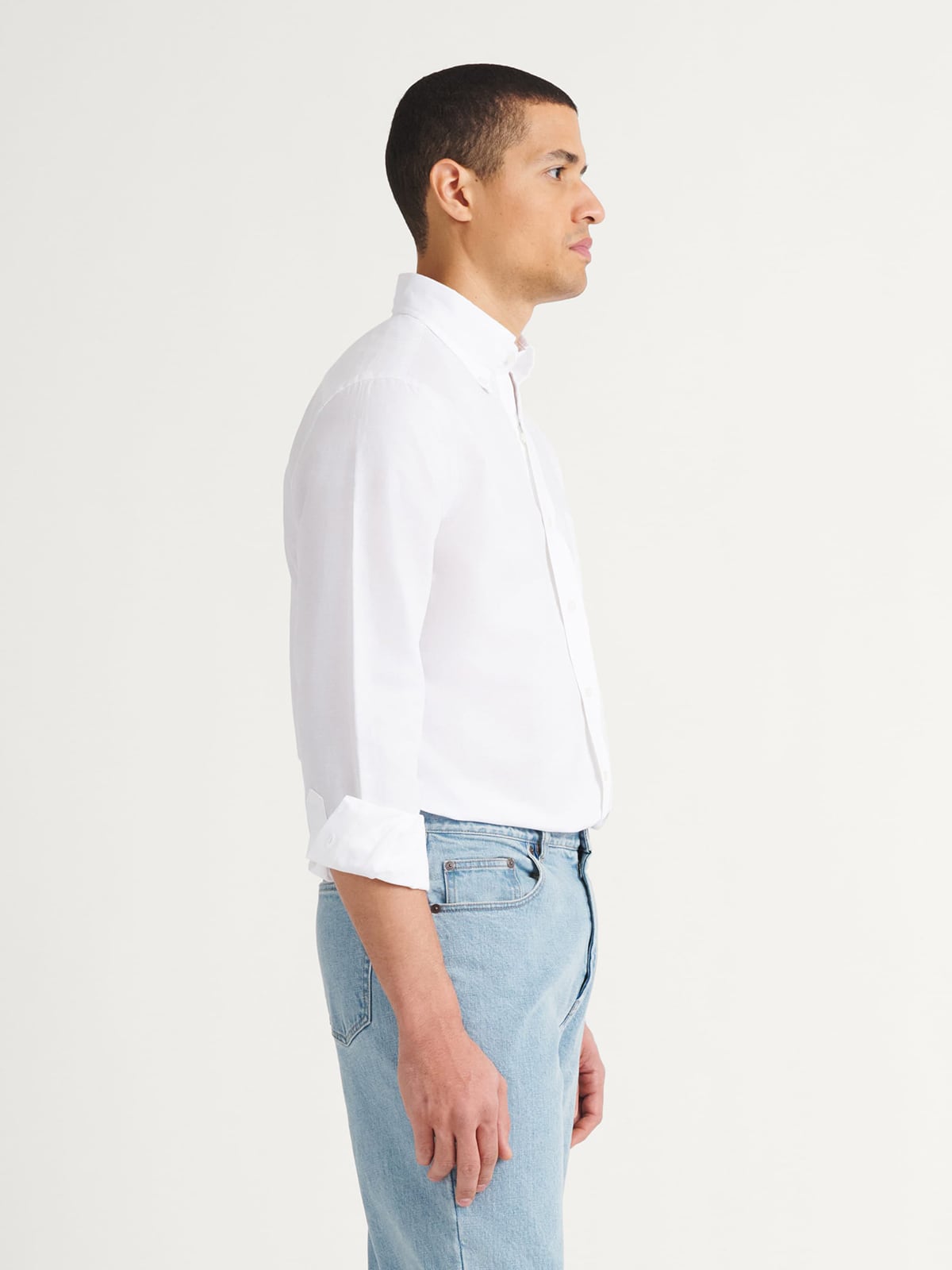 white dress shirt blue buttons Liam in White with Contrast Navy Shirt 16.5 32/33