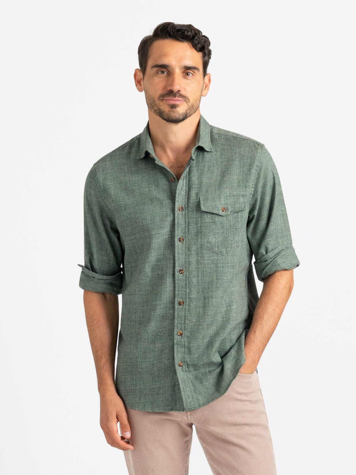 The Italian Slub Weave Sport Shirt in Moss