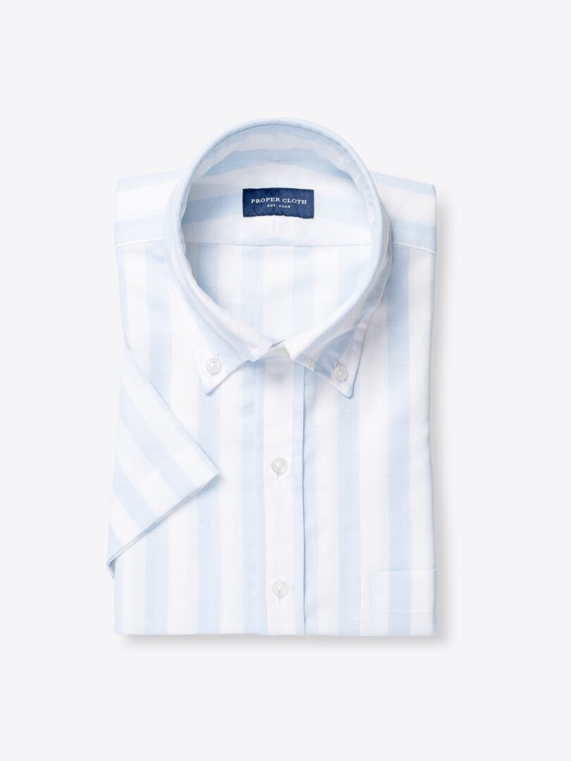 Portuguese Light Blue Wide Stripe Cotton Linen Oxford 