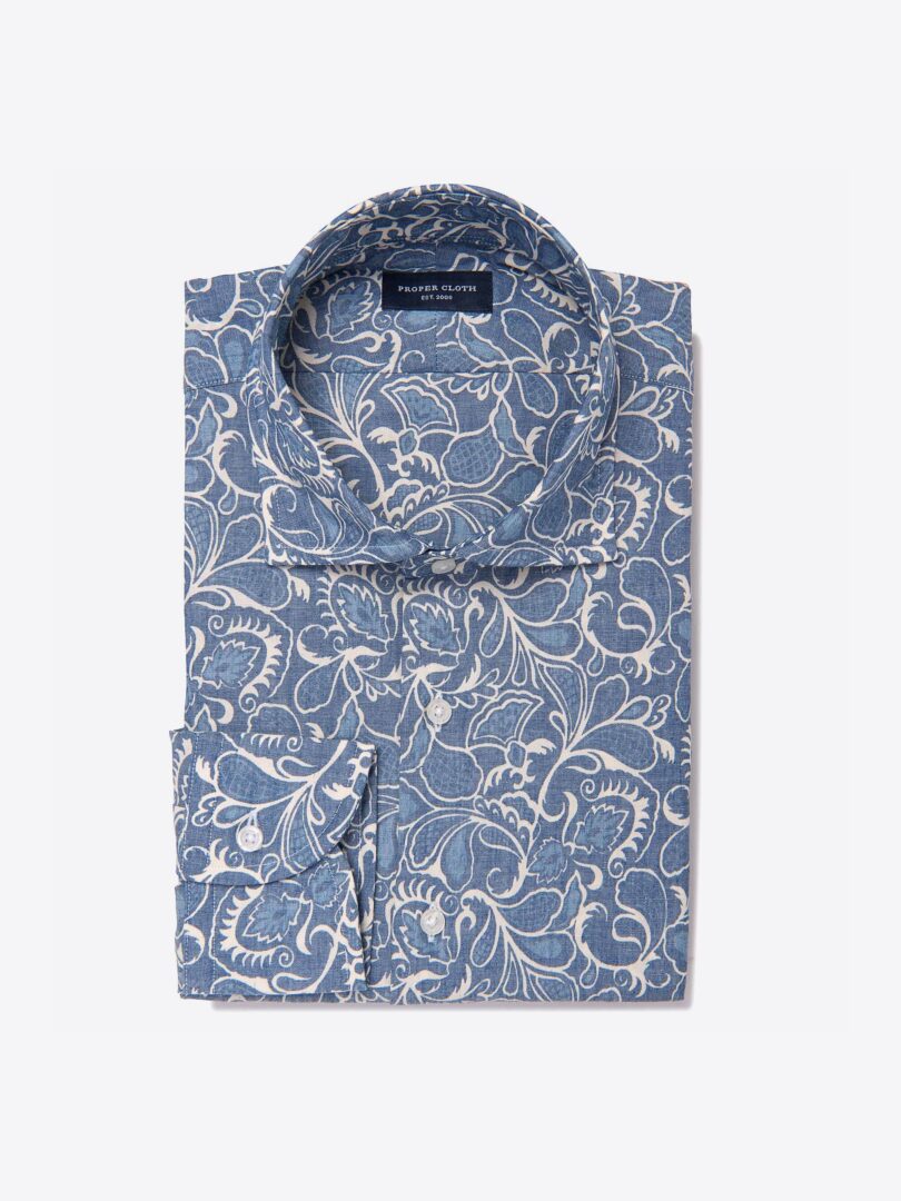 Nijima Blue Chambray Floral Print Men's Dress Shirt 
