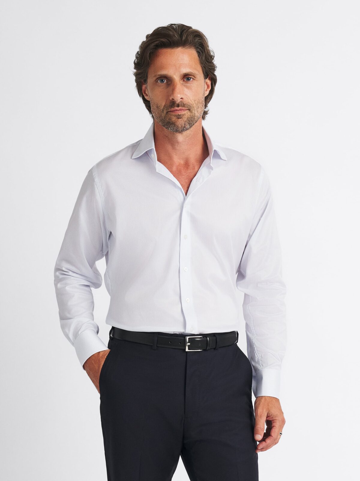 The Regent 120s Twill Dress Shirt in Light Blue Fine Stripe