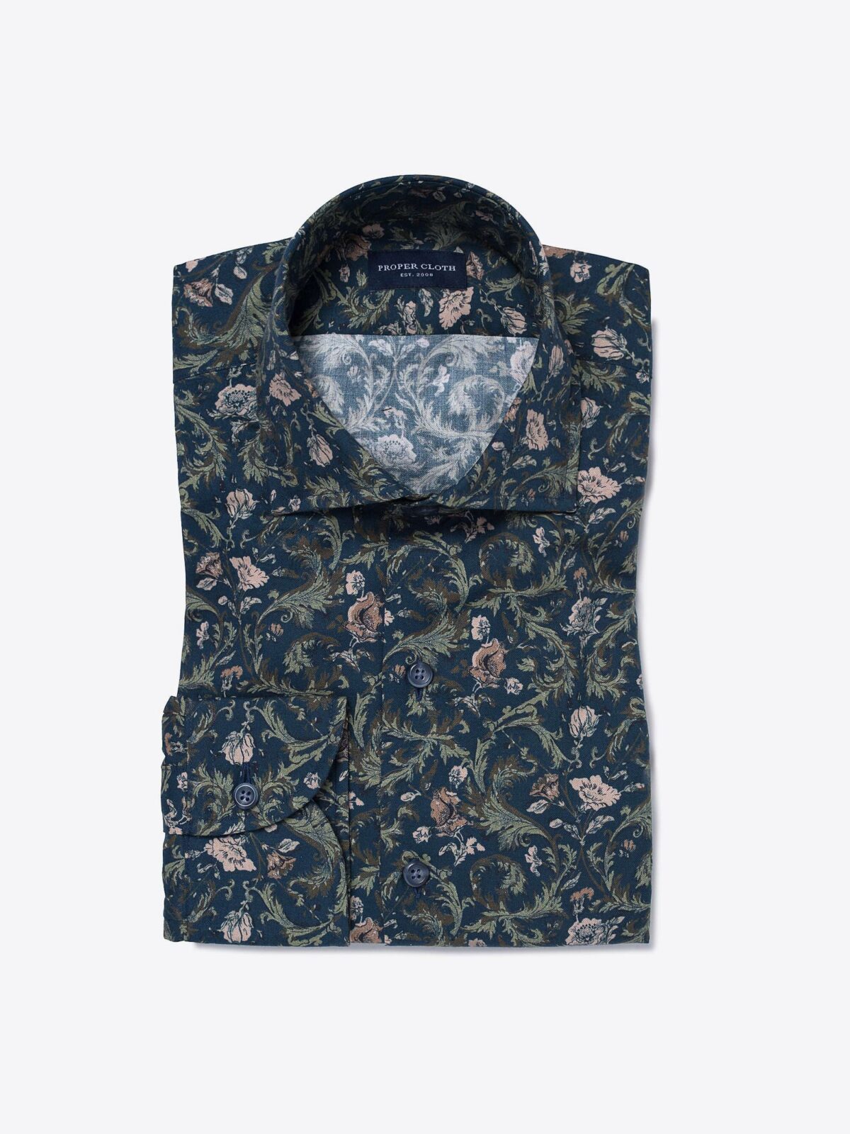 Albini Navy Green and Rose Floral Print Dress Shirt Shirt by