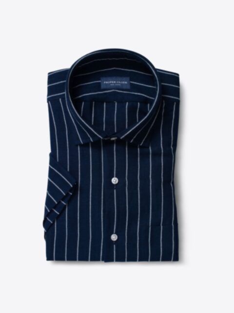 Shop Japanese Washed Navy Wide Stripe Linen Rayon Blend