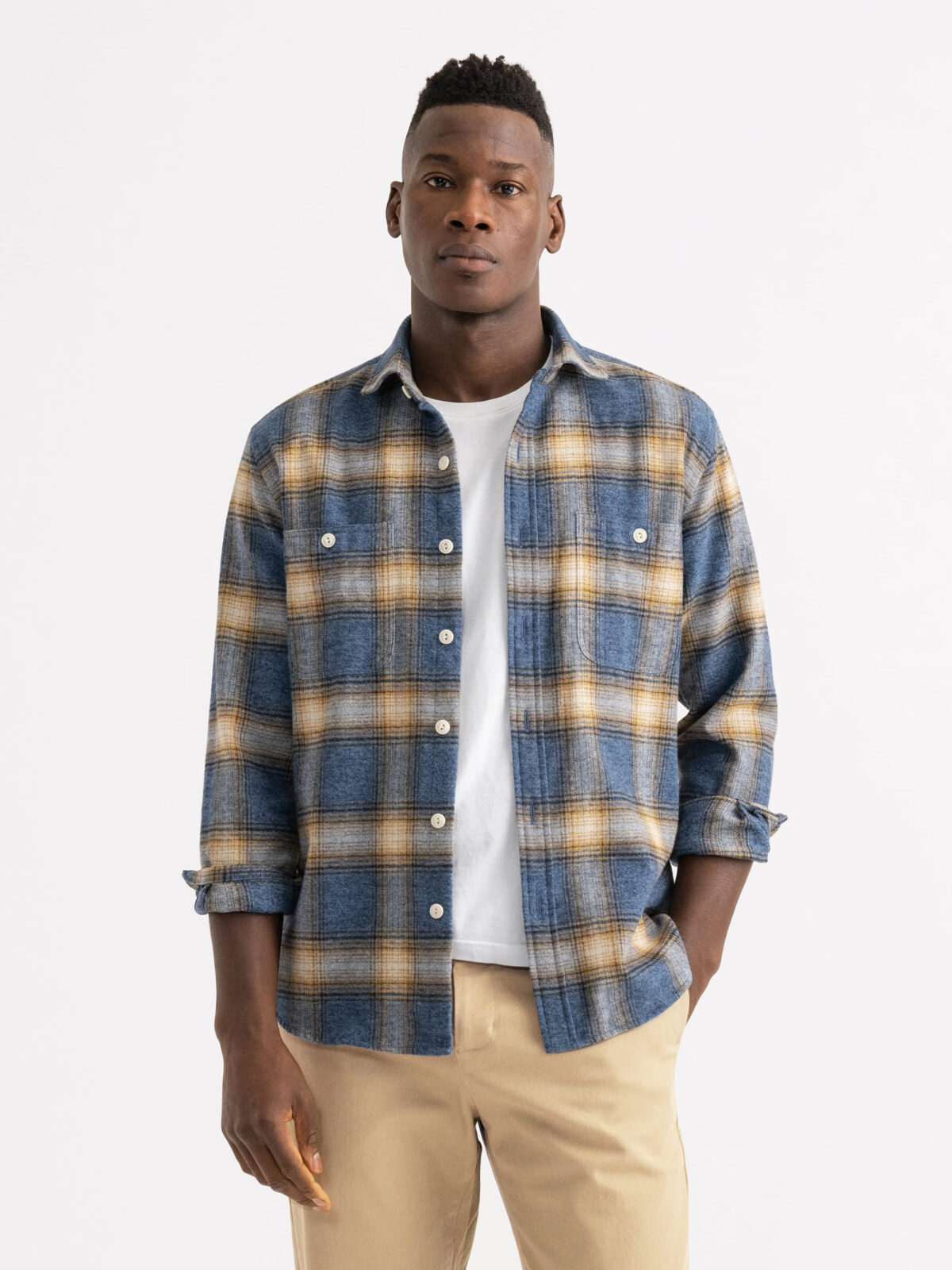 Japanese Blue and Gold Ombre Plaid Flannel Shirt by Proper Cloth