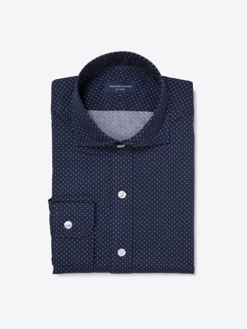 White on Navy Printed Pindot Fitted Shirt 