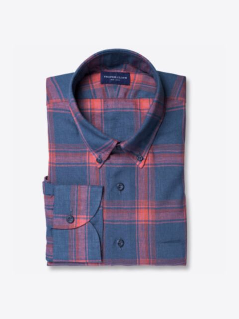 Shop Portuguese Washed Slate and Coral Ombre Plaid Linen