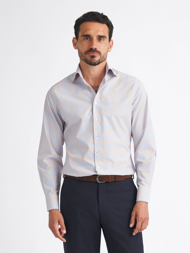 Thomas Mason Non-Iron Light Blue and Orange Multi Check Thumb Detail