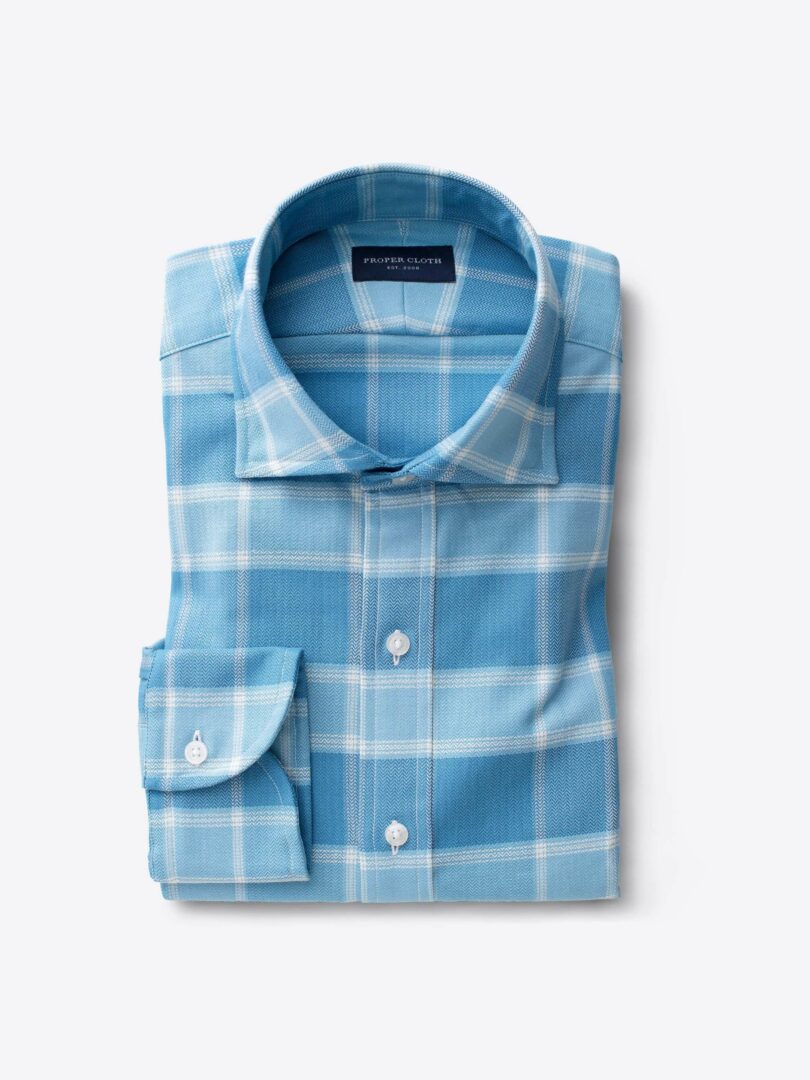Blue and Cream Herringbone Plaid Dress Shirt 