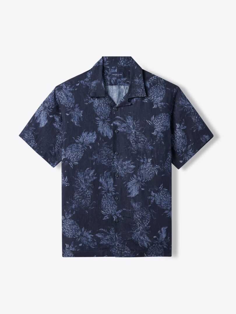 Albini Navy Pineapple Print Linen 
