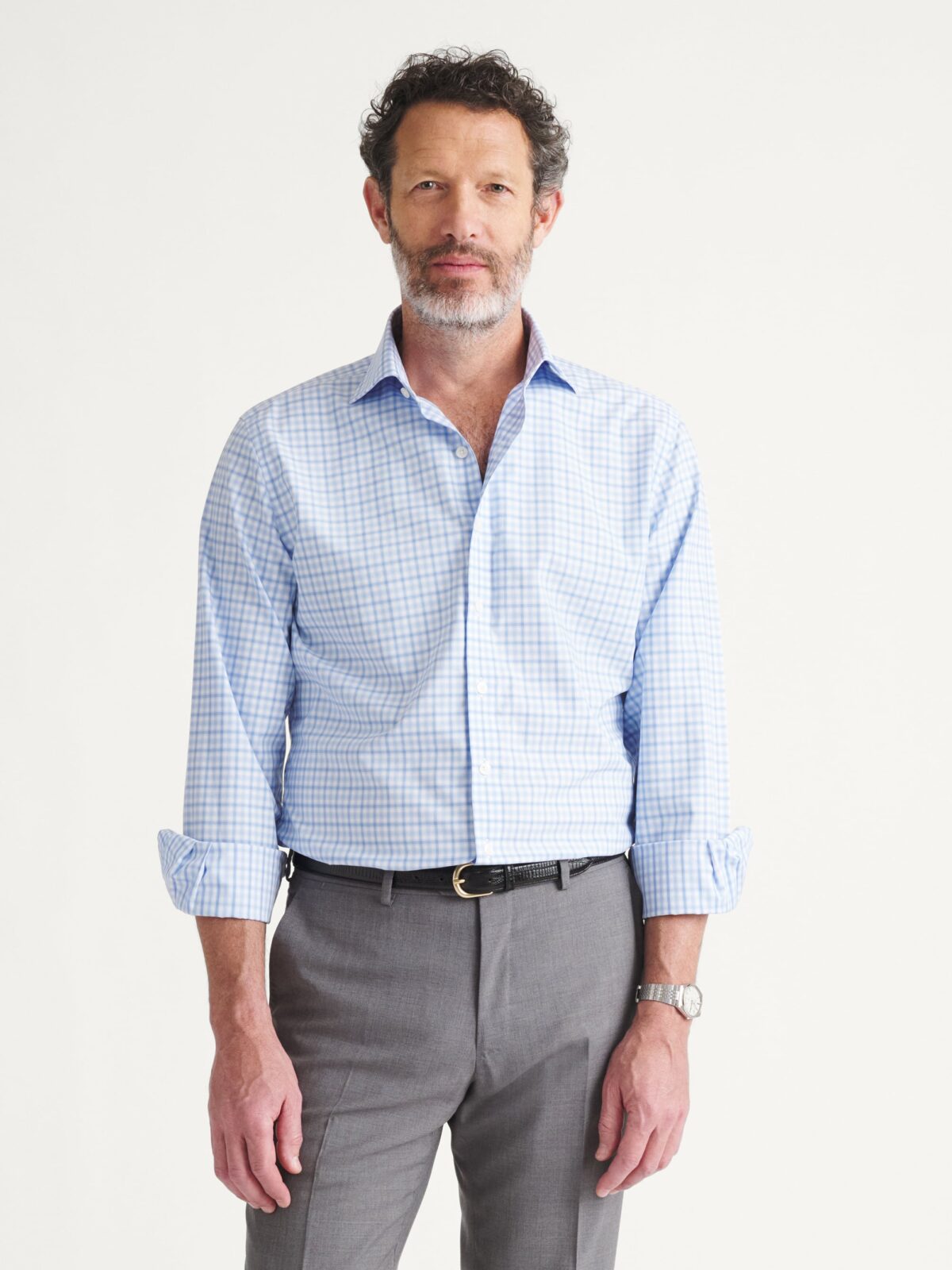The Thomas Mason Non-Iron Shirt in Navy and Sky Multi Check