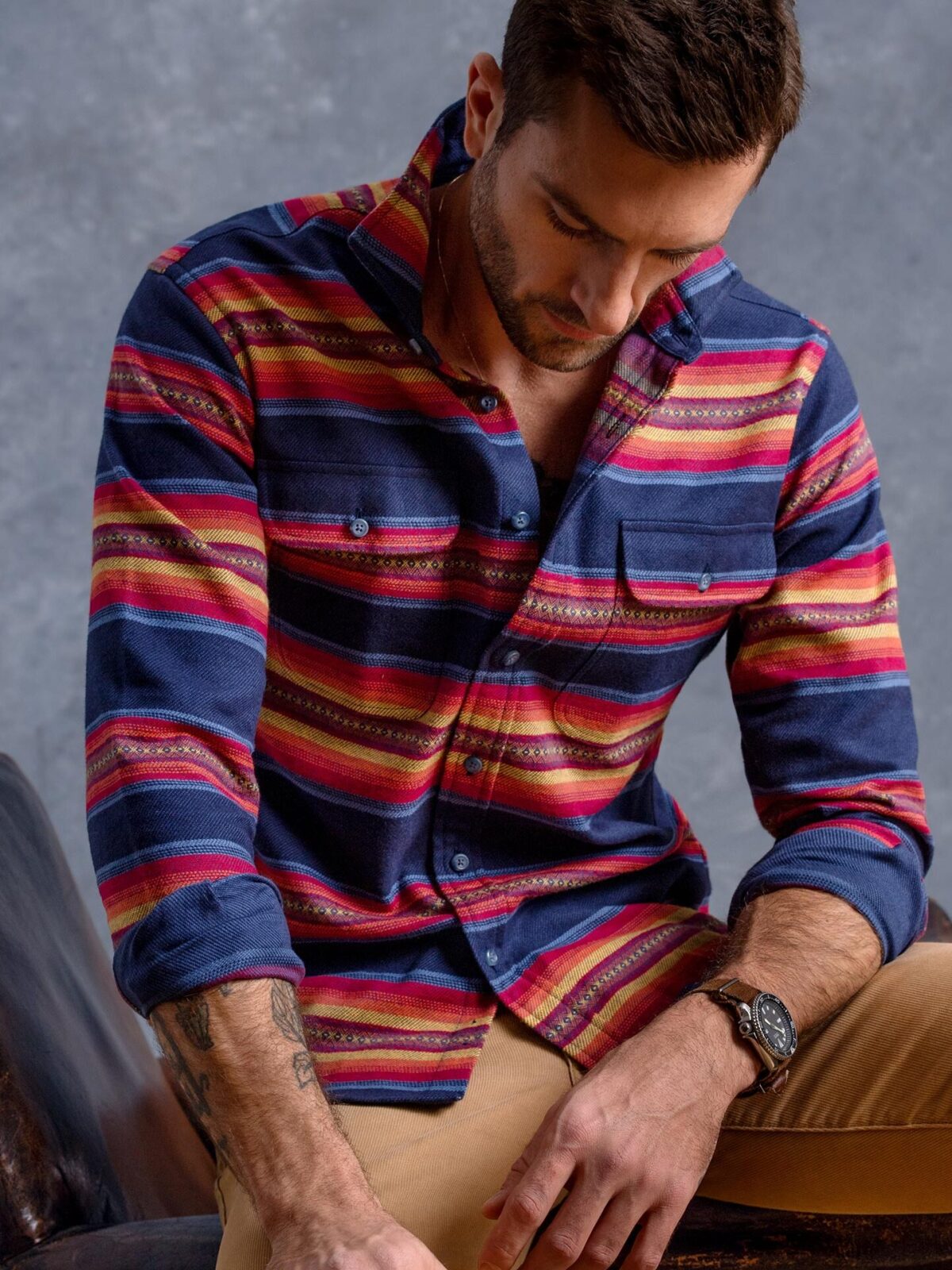 Navy and Orange Heavy Southwest Stripe Jacquard Shirt