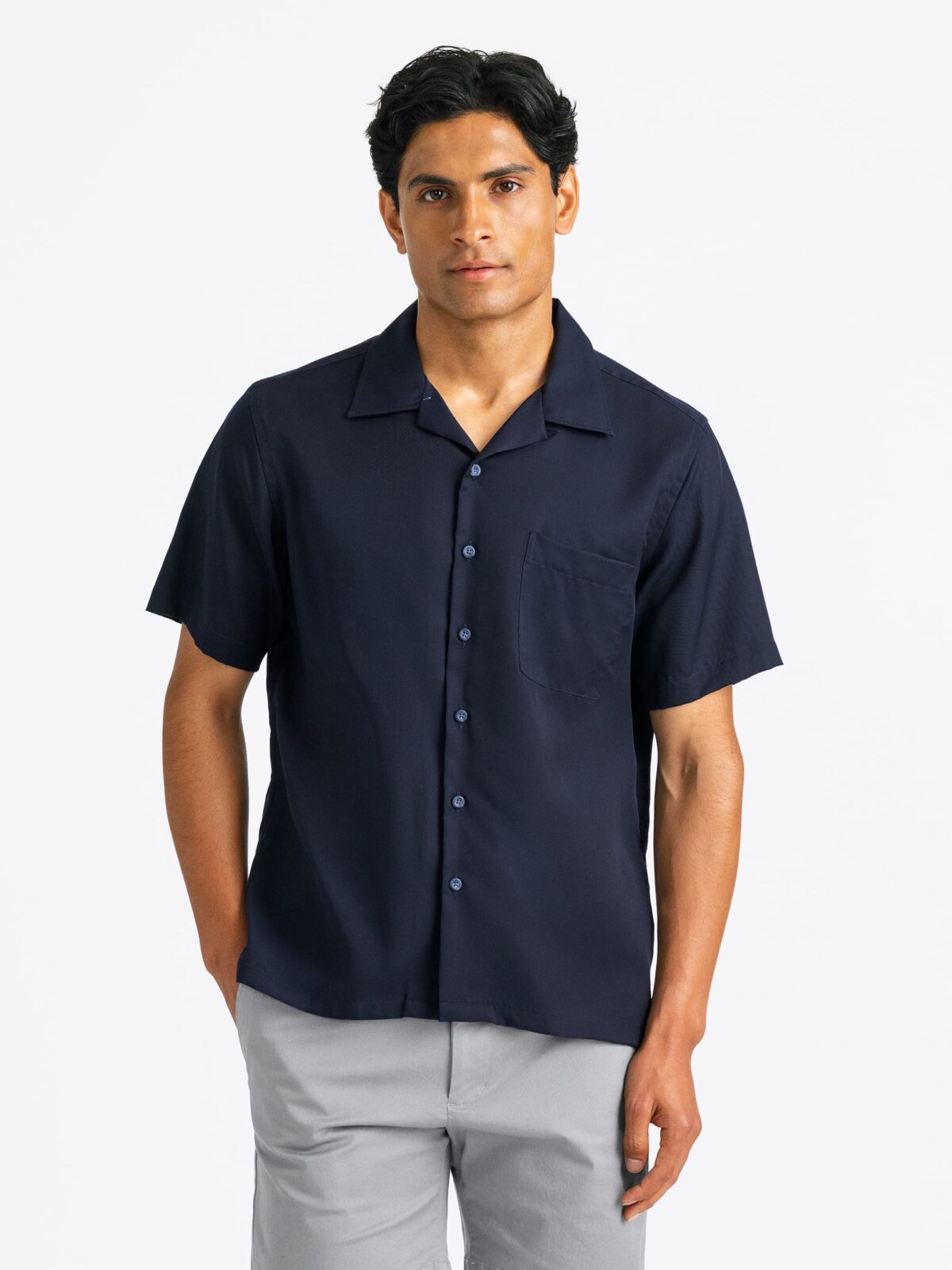 ★★ ★★ Men's Overfit Dark Blue Tencel Short Sl Tencel Lui Shirt – SIMPLE AS IS