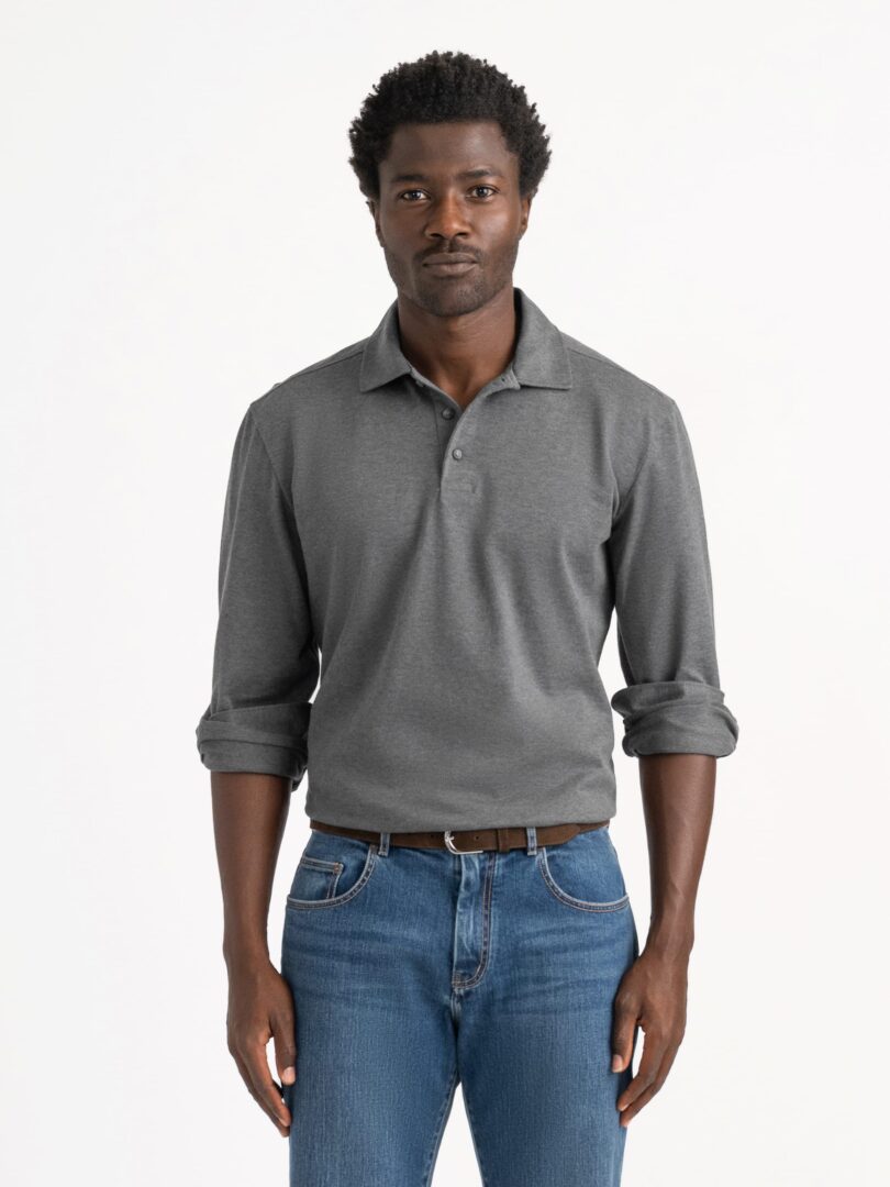 Grey Italian Easy Care Long Sleeve Polo Shirt Thumb Detail