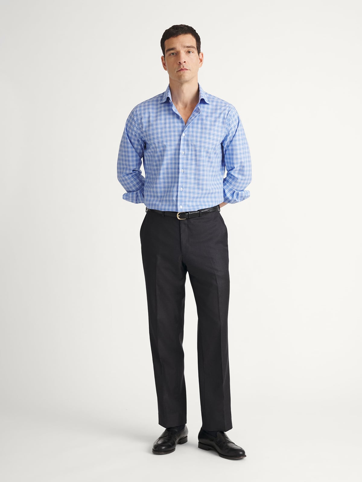 トップス THOMAS MASON IS-NESS BIG POCKET SHIRT The Thomas Mason Wrinkle-Resistant Dress Shirt in Navy and Sky Plaid