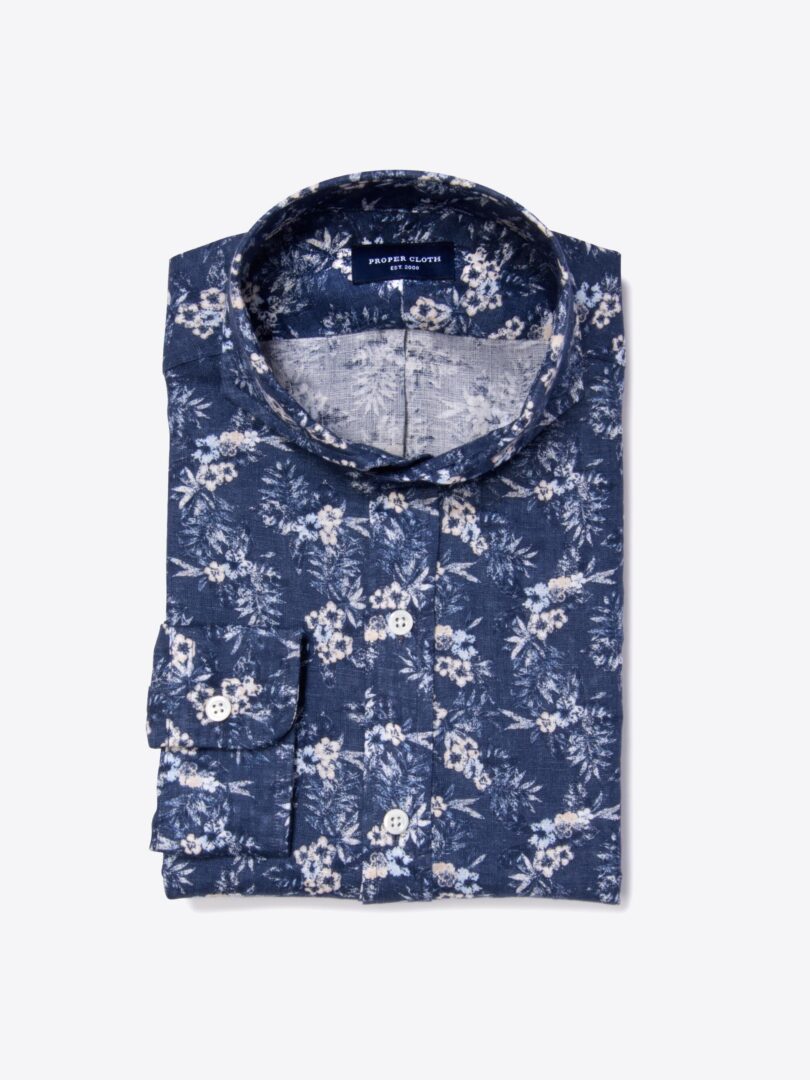 Albini Blue Floral Printed Linen Custom Dress Shirt 