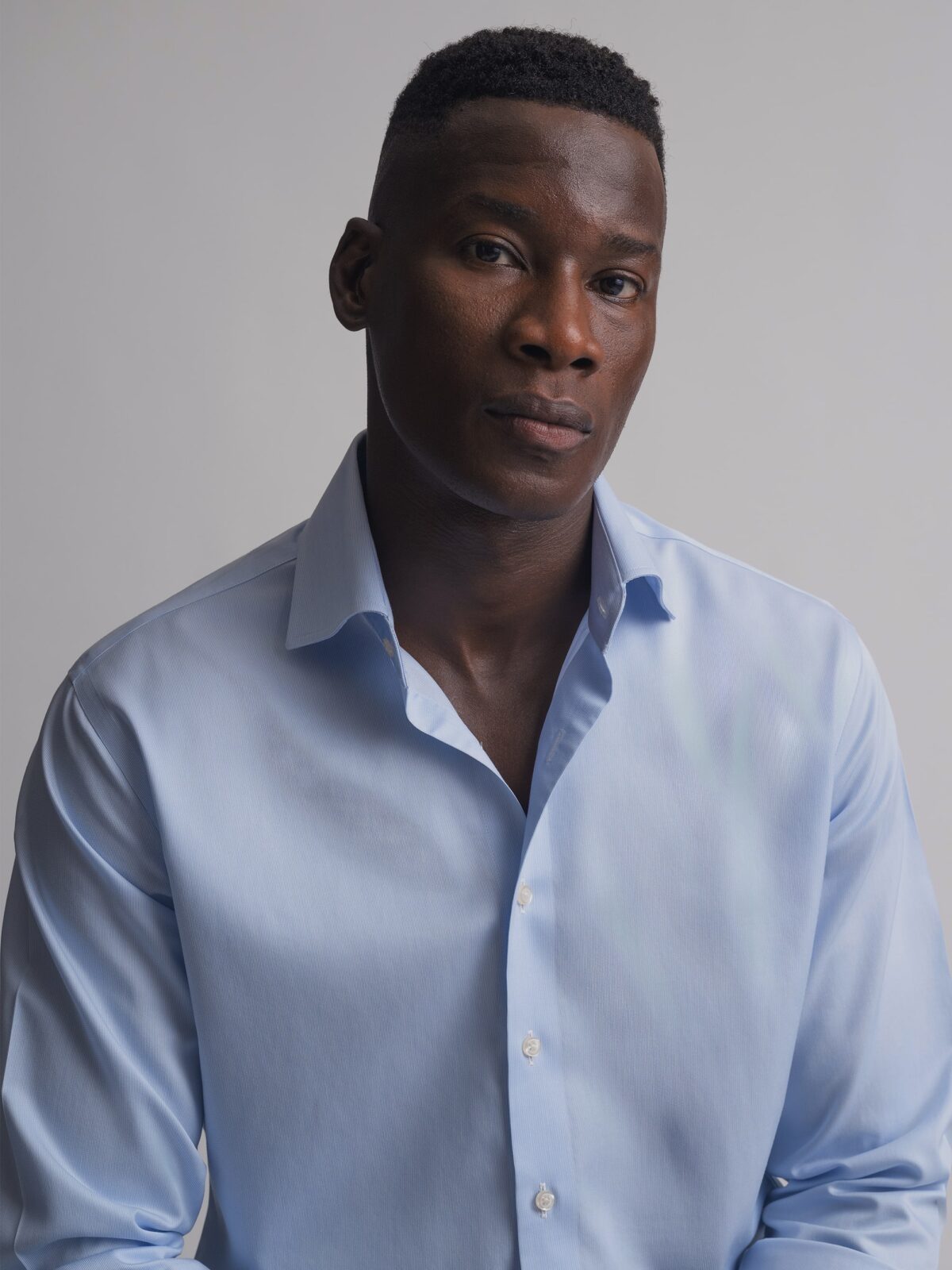 The Non-Iron 140s 3-Ply Twill in Light Blue Ultrafine Stripe