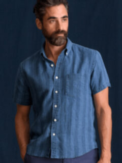 シャツ COVERNAT DRAWING STRIPED HALF SHIRT 4TR180 Japanese Washed Indigo Wide Stripe Linen Shirt by Proper Cloth