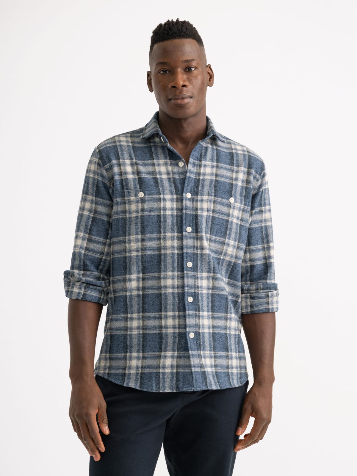 Japanese Blue Large Ombre Plaid Flannel Shirt by Proper Cloth