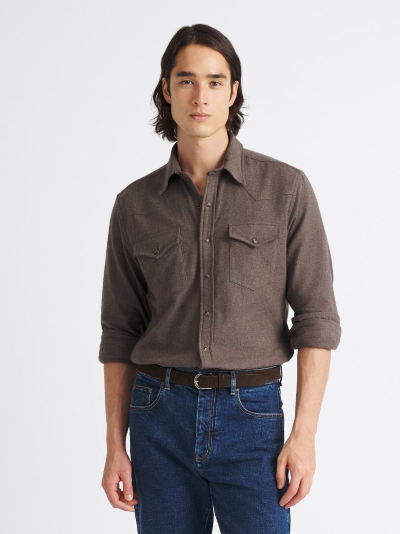 Teton Taupe Melange Flannel Western Shirt Thumb Detail
