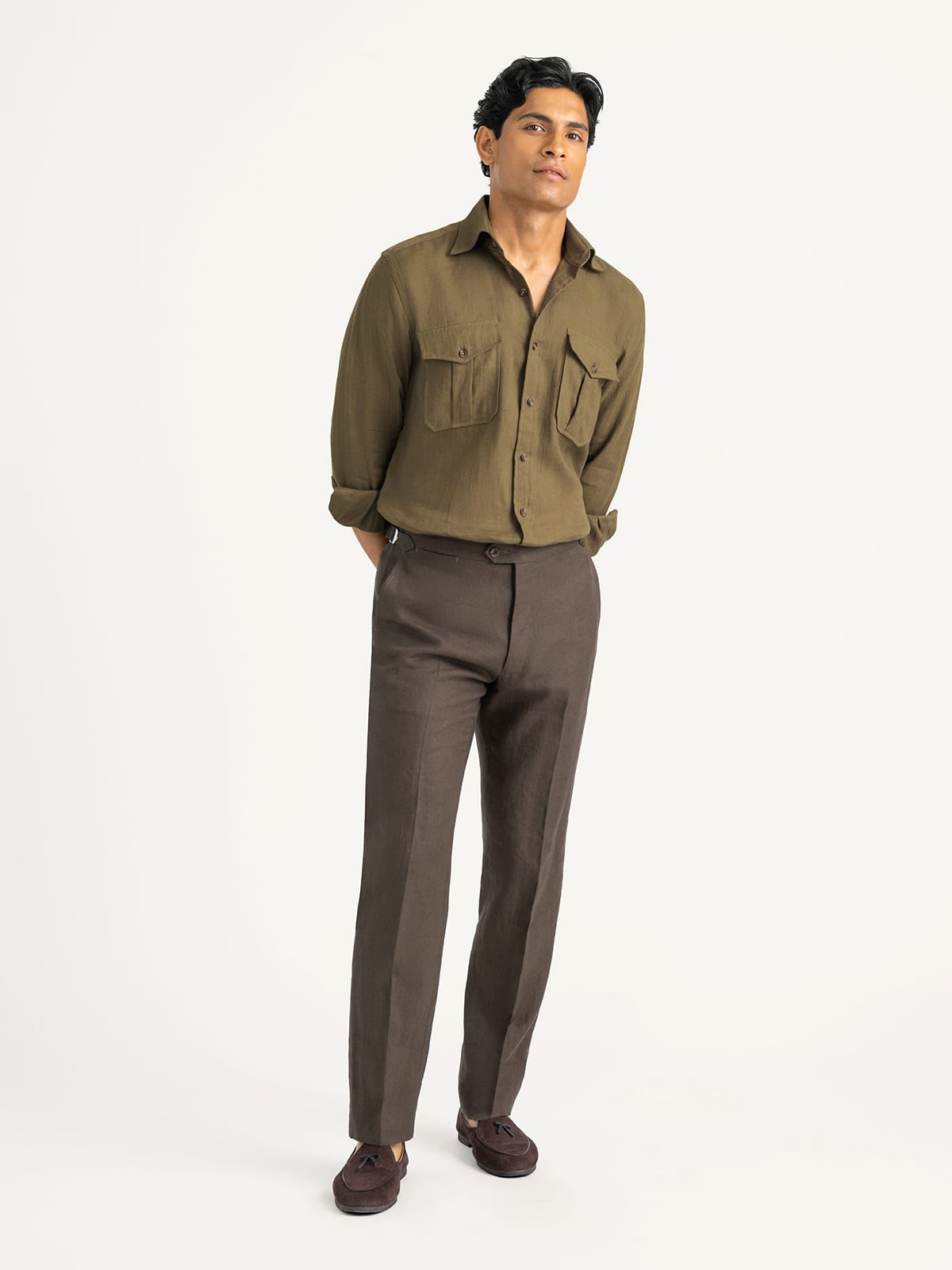 美品 BAIRD McNUTT リネン 半袖シャツ オーバーサイズ カーキ The Irish Linen Safari Shirt in Olive