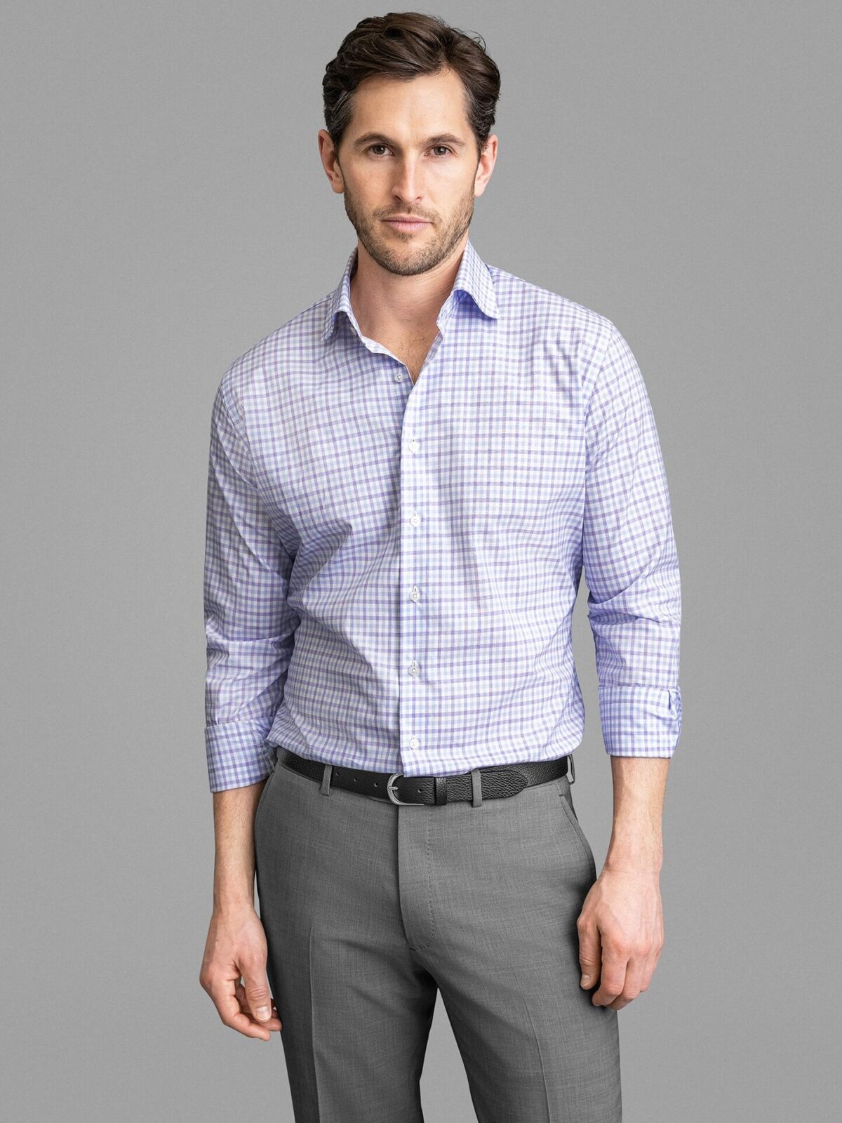 Thomas Mason Lavender and Blue Multi Check Fitted Shirt Shirt by