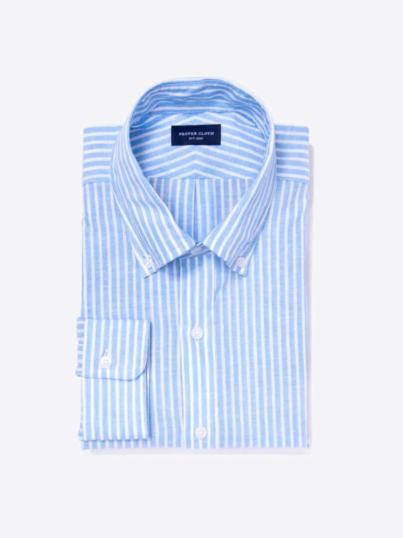 Light Blue Cotton Linen Stripe Men's Dress Shirt 